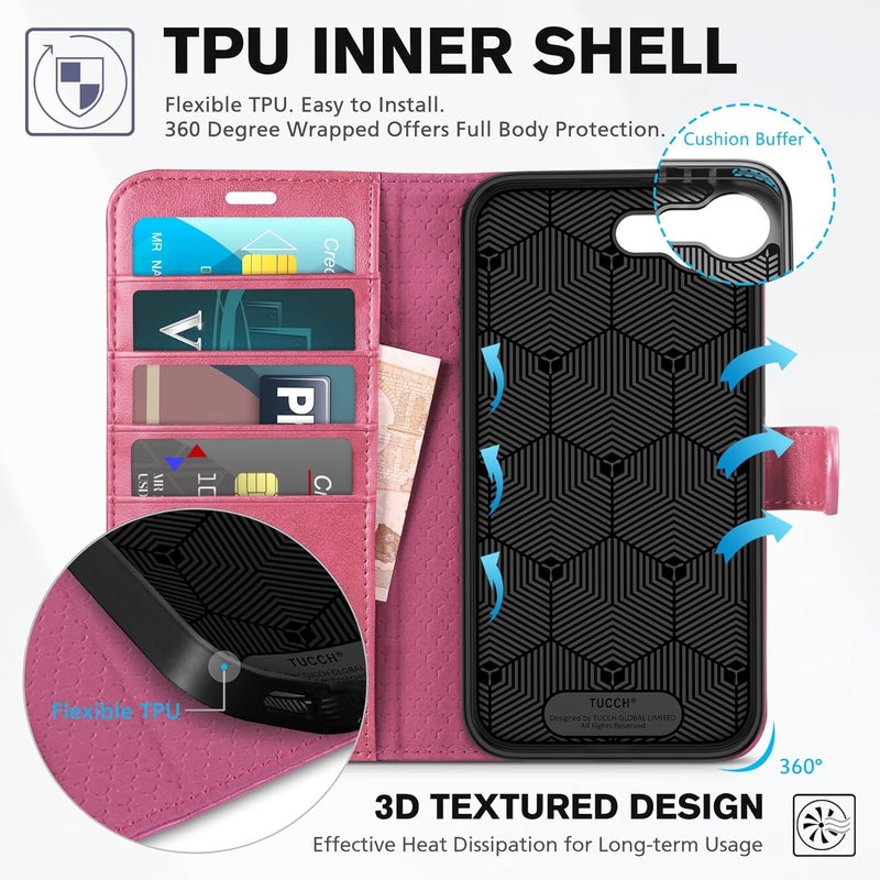 TUCCH Wallet Case for iPhone 16e, Kickstand PU Leather Magnetic Protective Flip Cover with [RFID Blocking] [4 Card Slots] [TPU Interior Case] Compatible with iPhone 16e 6.1" 5G, Hot Pink - Image 5